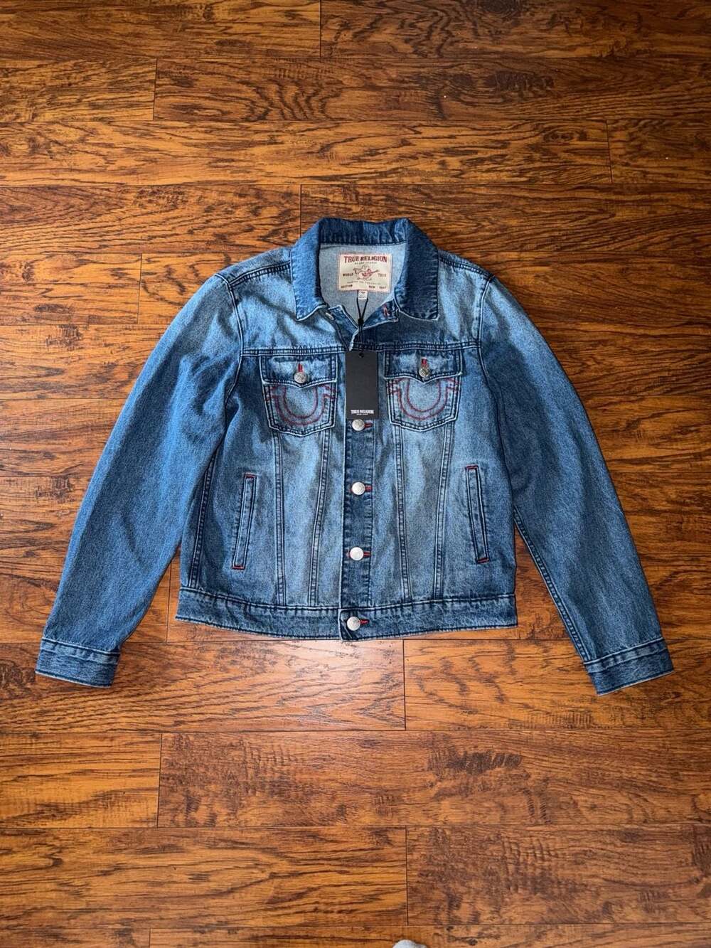 True Religion Medium Blue Quartz Wash TRBJ Print SN Denim Jacket